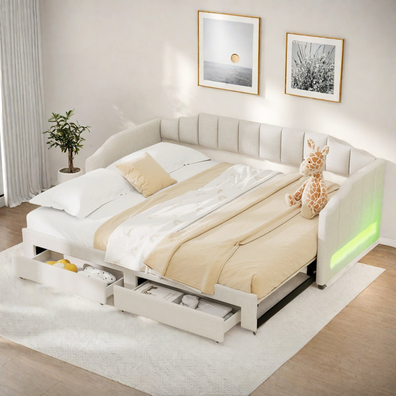 Extendable Upholstered Daybed With 2 Storage Drawers And Led Light, Beige
