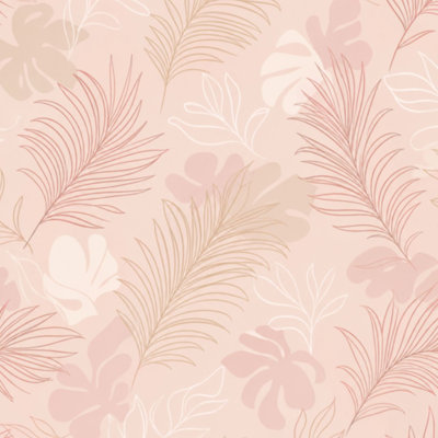 Peel and Stick Wallpaper Abstract tropical foliage pink rose blush colors Palm leaves line art Contact Paper Removable Self Adhesive Wall Mural Wall Decor for Bedroom Kitchen Cabinets 17.7in x 118in