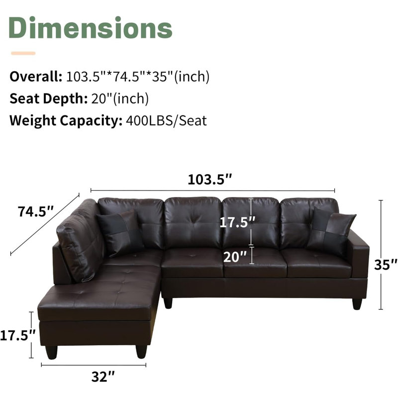 2 - Piece Faux Leather Sectional, Left Hand Facing, Brown Faux Leather