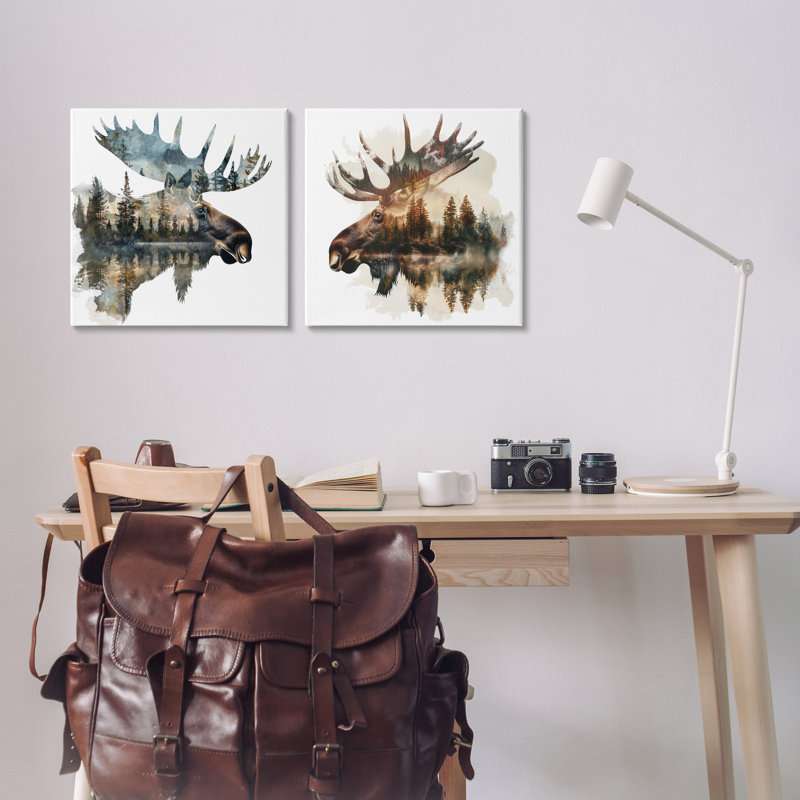 "Woodland Moose Forest Silhouettes", ensemble de 2 toiles murales par LSR Design Studio, H 17 po x l 17 po