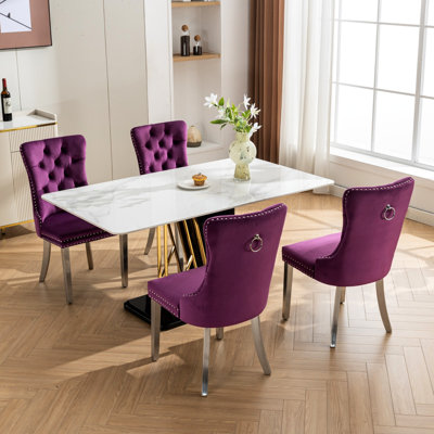 Chaise de salle à manger contemporaine en bois massif avec revêtement en velours, pieds et garniture cloutée décorative, de 2 chaises modernes en mauve garniture de revêtement