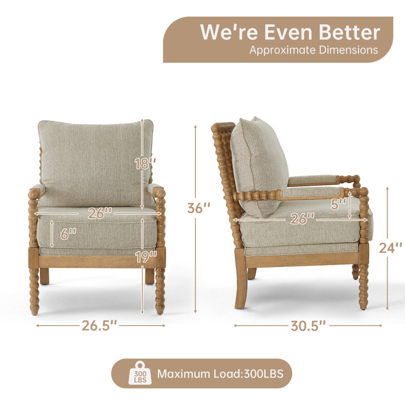 2 Pieces Mid-Century Farmhouse Accent Armchair, with Solid Wood Frame and Cushion Seat and Back, Beige/Brown Wood