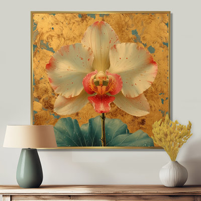 «Blooming White Orchids Pink Core On Retro Gold», reproduction d'art murale orchidée