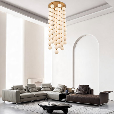 54.5" Mod Chandelier in Satin Brass with White Striated Glass Globes