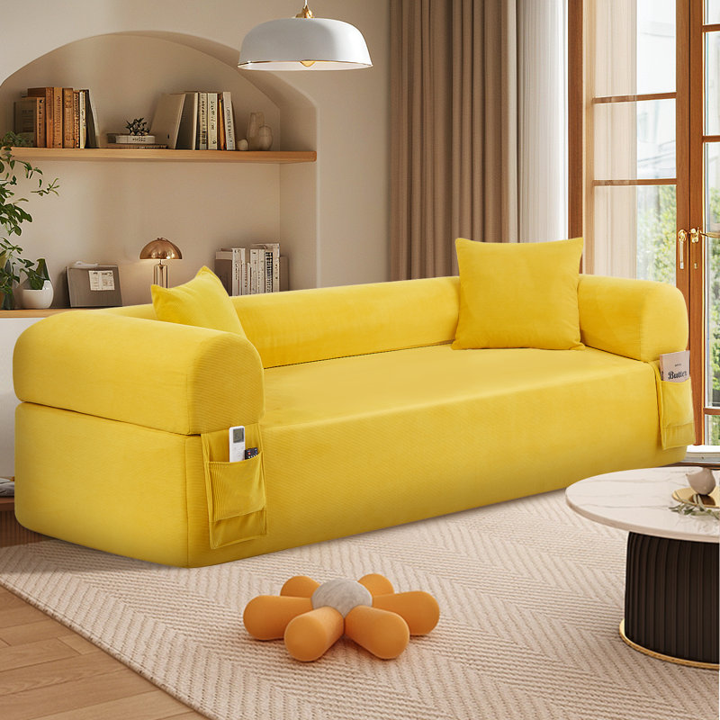 Floor Couch - 3 Seats Compression Sofa with Pillows Hybrid Sofa Pocketed Spring, Yellow