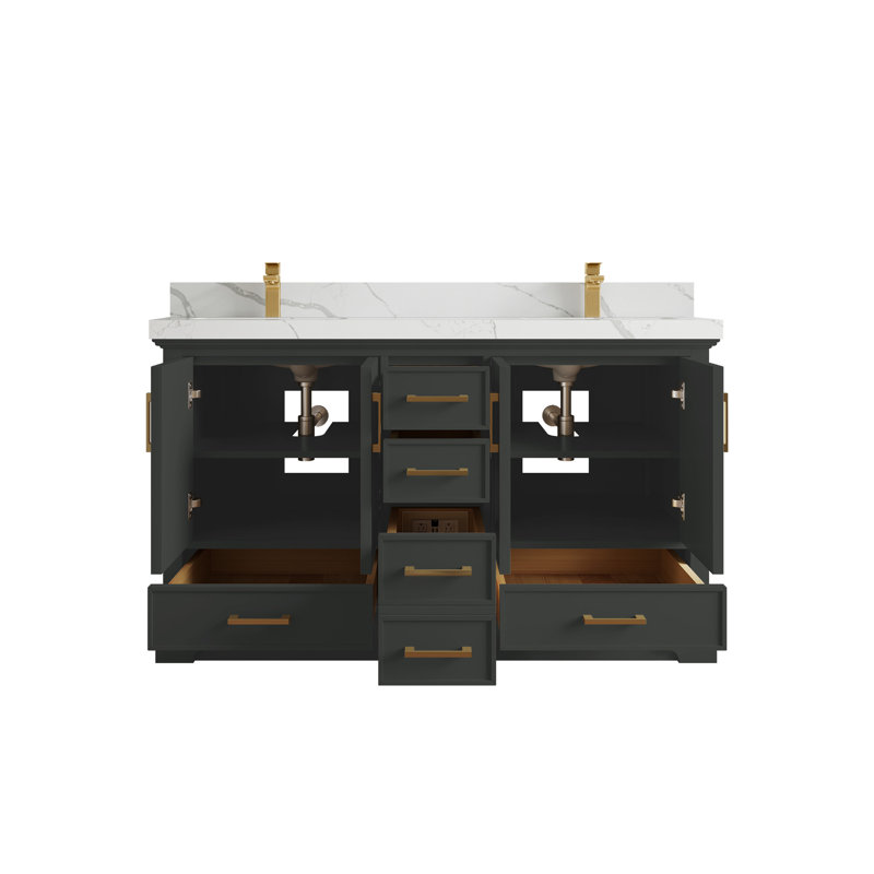 Ensemble de meuble-lavabo double 60 po avec plateau Charlotte, Calacatta Laza