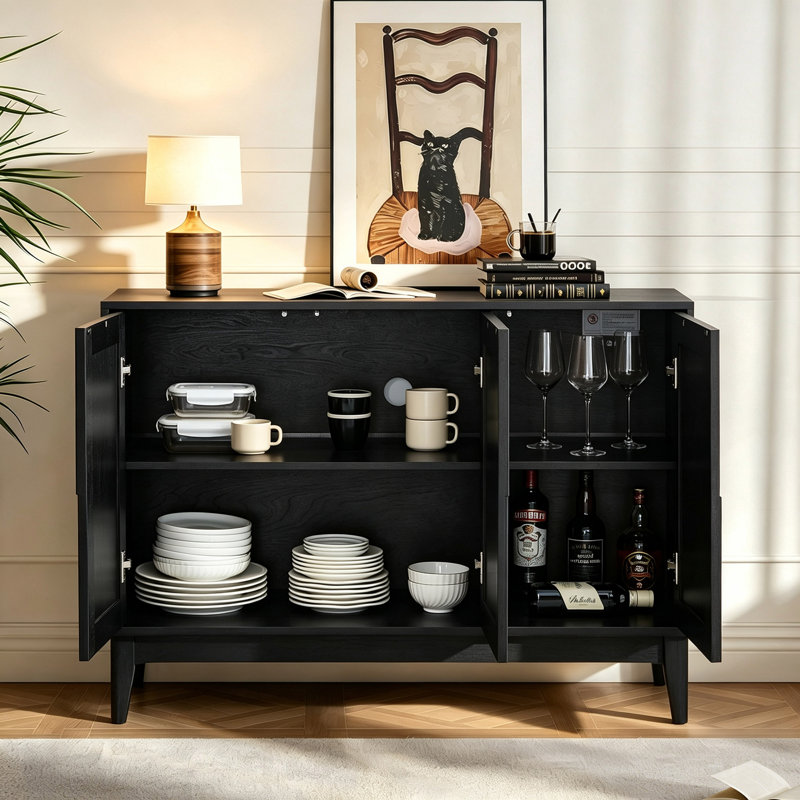 Buffet Mid-Century moderne avec rangement et patchwork à rayures verticales pour la décoration intérieure, Black