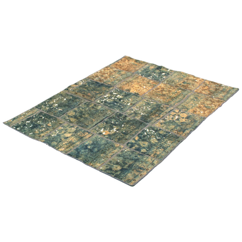 Tapis décoratif en laine de conception unique noué à la main vert/orange 4 pi 9 po x 6 pi 11 po