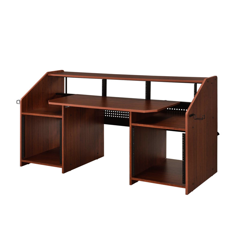 Bureau de musique rectangulaire en cerisier pour les réalisateurs, 2 compartiments ouverts, 1 tablette au-dessus, écouteurs, trous pour câbles, fixation pour trous de vis, plateau coulissant et pédales à crochets latéraux
