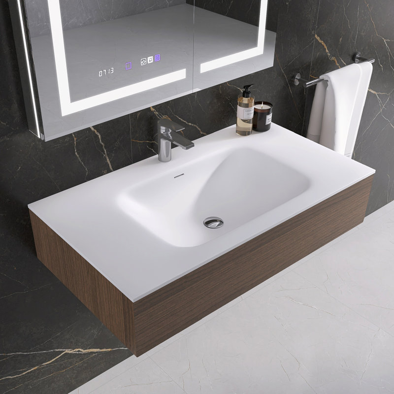 Plateau de meuble-lavabo 39 po avec lavabo de salle de bain rectangulaire à surface solide encastré, Blanc