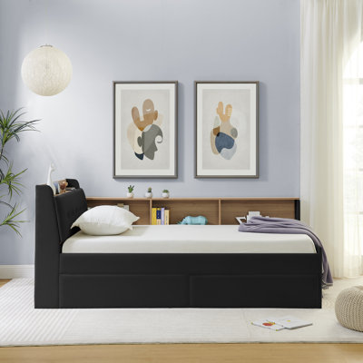Twin Size Upholstery Velvet Day Bed With Storage Headboard And Wireless Charging, Multi-Functional Daybed With Two Storage Drawers & LED Lights, Black