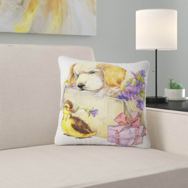 Mignon chiot et canard - coussin imprimé animal, 18 po x 18 po, Coussin décoratif