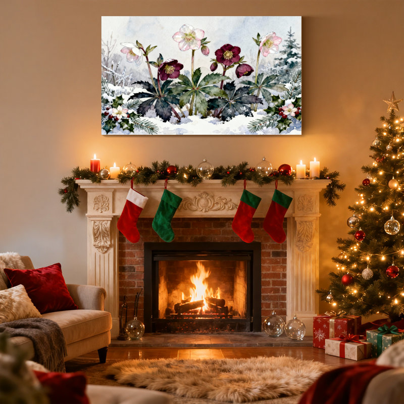 Fleurs de Noël en hiver dans un jardin enneigé, ensemble de 3 impressions sur toile, H 20 po x l 30 po