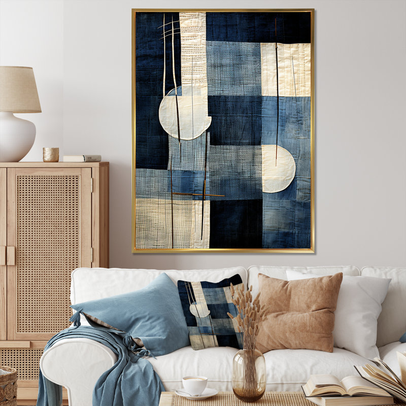 Collage géométrique bleu azur - Collages abstraits, Cadre flottant doré, H 20 po x l 12 po x P 1 po