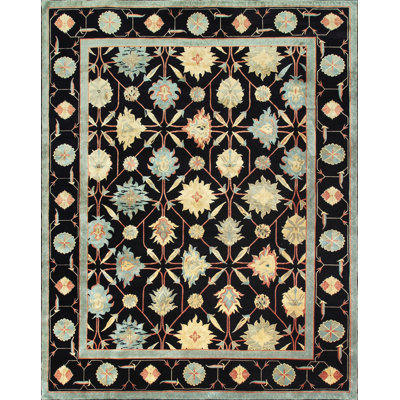 Palmettes Oriental Area Rug in Ebony/Teal/Yellow/Khaki