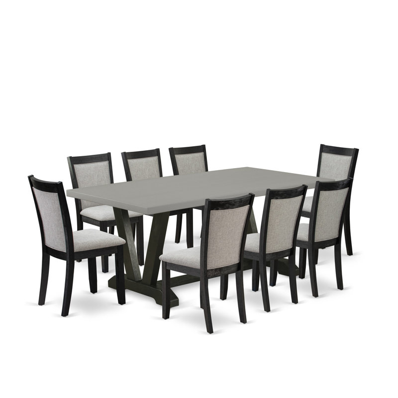 9-Pc Kitchen Table Set Contains a Cement Wooden Table and 8 Shitake Linen Fabric Upholstered Chairs with High Back - Wire Brushed Black Finish