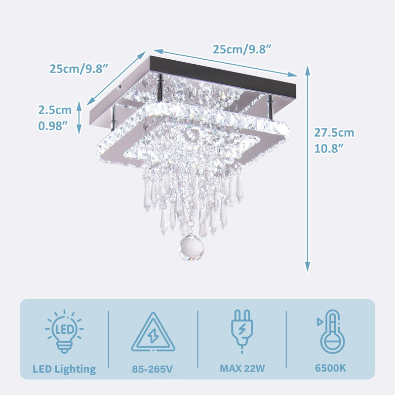 Lustre en cristal Plafonnier carré à DEL en cristal Lustre encastré moderne pour chambre à coucher, cuisine, salle à manger, couloir, salon (blanc froid)