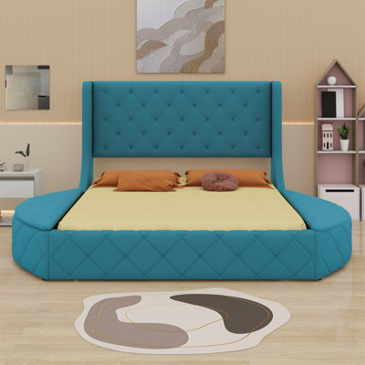 Upholstered Platform Bed Storage Bed With Wingback Headboard And 1 Big Drawer,2 Side Storage Stool
