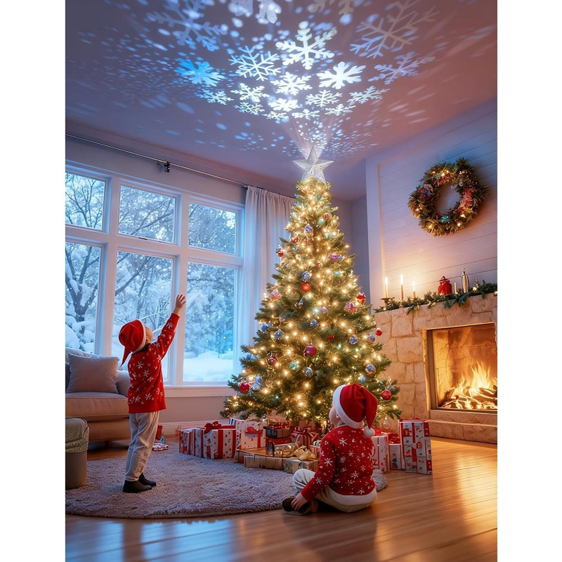 Étoile creuse argentée 3D pour sapin de Noël avec projecteur de flocons de neige rotatif