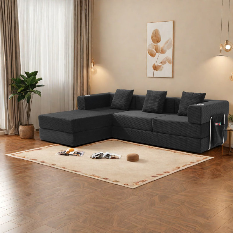 Canapé modulaire en velours côtelé modulaire à compression de 108 pouces, maison moderne, Noir