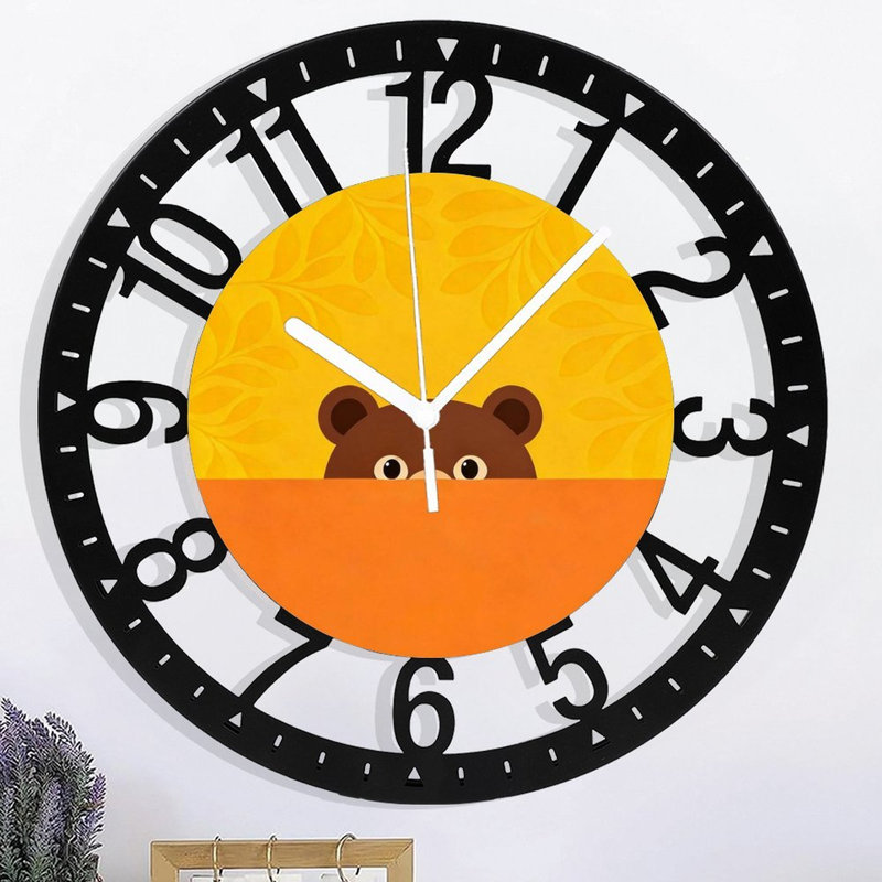 Horloge murale ronde en fer 10 po avec mouvement à quartz silencieux, chiffres arabes, impression UV, Ours