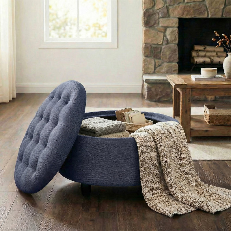 Repose-pieds 25 po avec rangement capitonné rond et coussin capitonné, Bleu