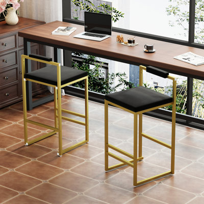 Velvet Upholstered Counter Height Dining Stools Of 2, Modern Design, Gold Base, Low , Quick Setup Process Black Bar With Frame, Footrest For Comfortable Leg Position