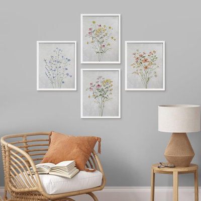 Vibrant Wildflower " IDEA4WALL Framed Colourful Wildflower Still Life Wall Art, Set Of 4 Floral Botanical Print Wall Decor Prints, Nature Wilderness Wall Decor For Living Room, Bedroom " 4 - Pieces