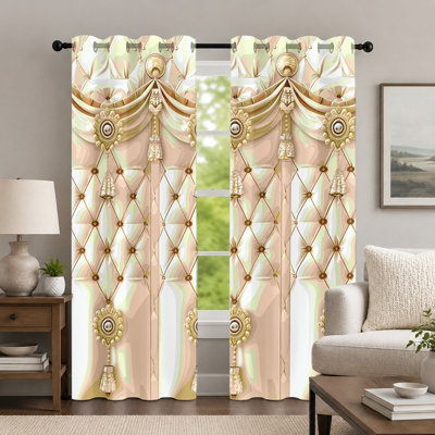 2Pcs Cream and Gold Tassel-Pattern Curtains, European Style Curtain, Elegant Luxury Tufted Texture Printed Art Grommet Drapes, Window Treatment for Bedroom Living Room Decor