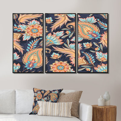 «Orange and Blue Paisley Flowers I», reproduction de cadre flottant 3 pièces sur toile