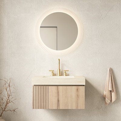 Lavabo de meuble-lavabo flottant 30 po, rangement en contreplaqué avec tiroir et porte, plateau en pierre frittée, 3 trous pré-percés dans le bassin en céramique, lavabo à caractère en chêne blanc, comptoir d'armoire, style