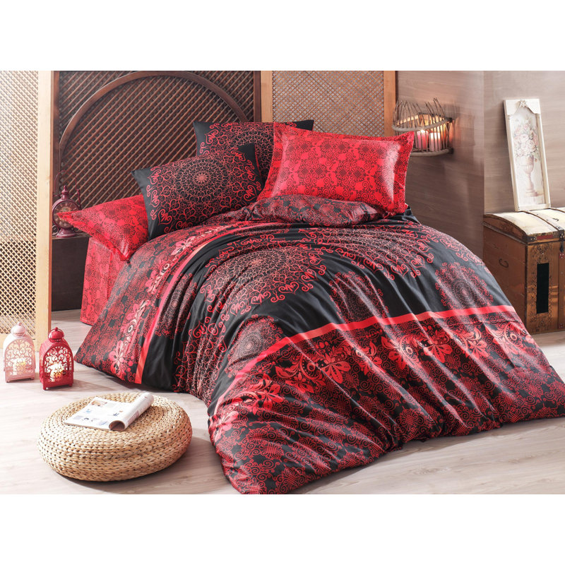 Ensemble de housse de couette double Elegant, rouge et noir, 78,7 po x 78,7 po | Doux 65% coton / 35% polyester, 120 fils | Comprend 2 taies d'oreiller (19,7 po x 31,5 po) | Literie élégante et confortable lavable à la machine