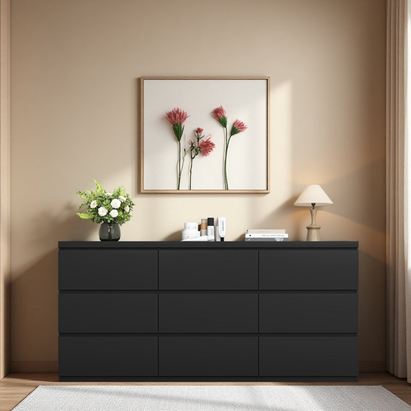 Commode 9 tiroirs sans poignée, commode moderne en bois mat pour chambre à coucher