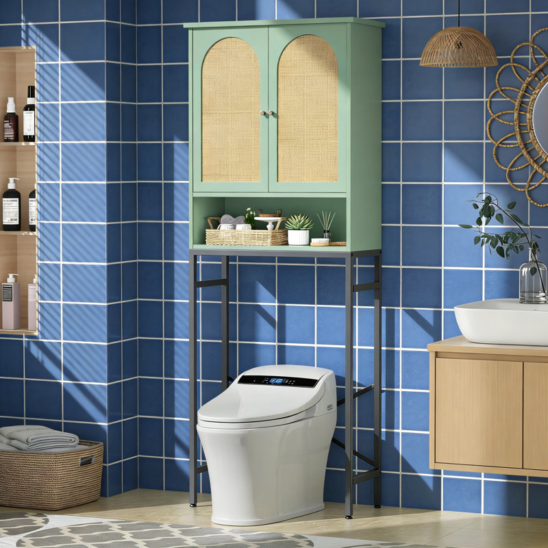 Rattan Toilet Storage Cabinet, Over The Toilet Rack With Metal Stand, Bathroom Organizer With Adjustable Shelf, Space Saver, Green