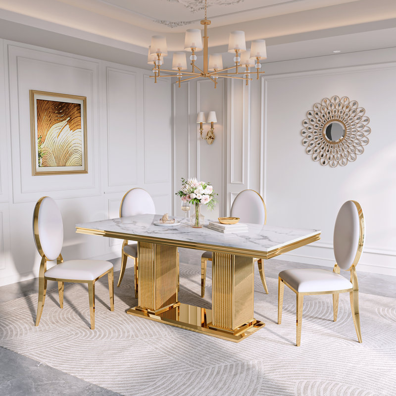 70.08" Rectangular Faux Marble Top Double Pedestal Dining Set, White/Gold, White/Gold, 5 Pieces: Table, 4 Chairs