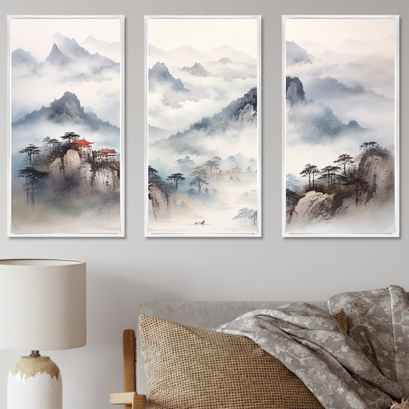 «Gray River China Landscape III», art mural Chine, Cadre flottant blanc, H 28 po x l 36 po