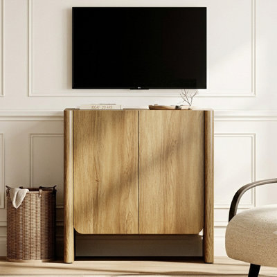 Glorian Modern French Wood TV Stand With Rounded Edges, Adj Shelf & Push-Open For 36" TV, Walnut