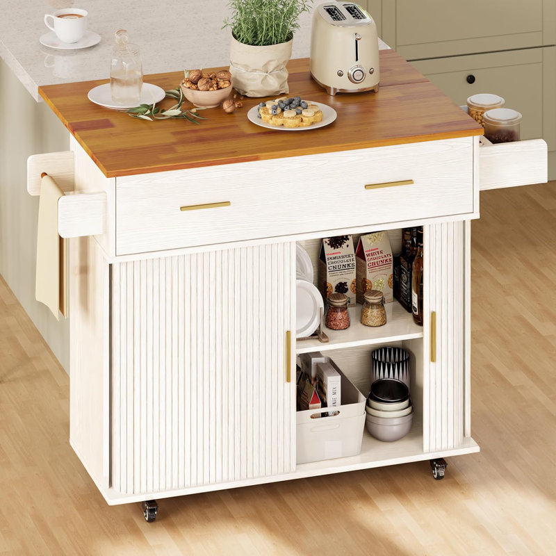 Rolling Kitchen Island with Drop Leaf Countertop, Sliding Door Storage & Lockable Wheels, White