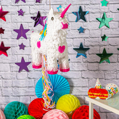 Fax Potato - Pinatas Unicorn Pull String Cardboard Pinata & Blindfold - W44cm x D13cm x H50cm - White