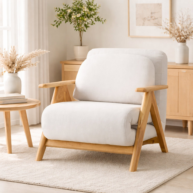 Convertible Futon Chair Bed Upholstered Armchair,Sofa & Sleeper with Solid Wood Frame, Beige Polyester Blend