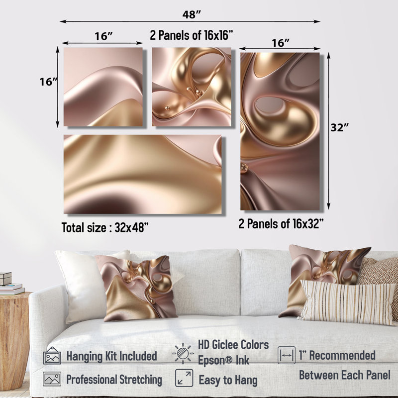 Subtle Sophistication In Exquisite Pink And Gold X - Pink Modern Wall Art 4 Pieces, Framed Print without Mat, Gold