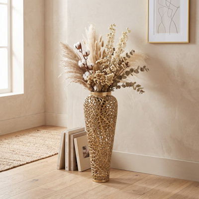 Vase de sol décoratif en métal ajouré pour la décoration intérieure - Grand vase de table pour bouquets de fleurs, idéal pour l'entrée et le salon - Or et métal