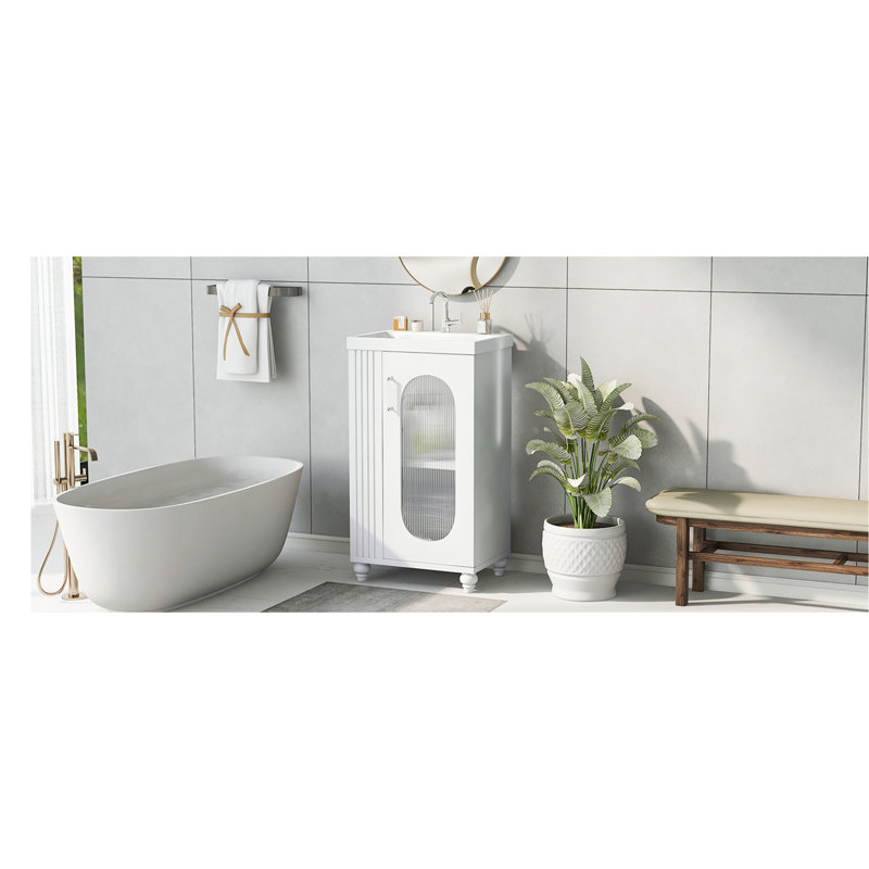 Meuble-lavabo de 20 po avec lavabo, meuble-lavabo avec tablette à deux niveaux, tablette réglable, bois massif et panneau de fibres à densité moyenne, blanc
