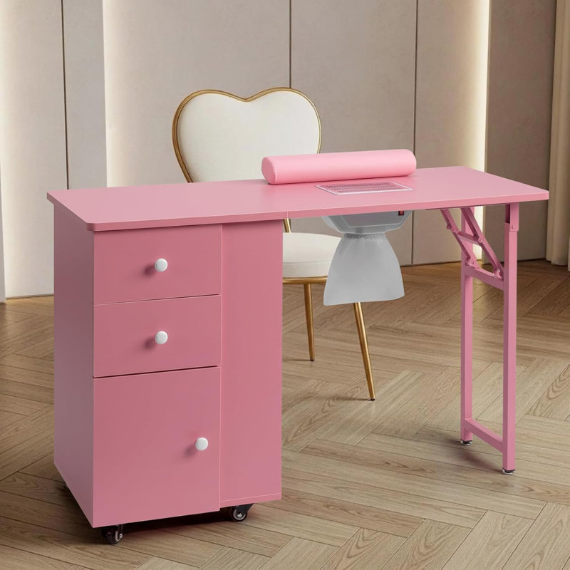 Table de manucure pliable pour Nail Tech avec collecteur de poussière électrique , Rose