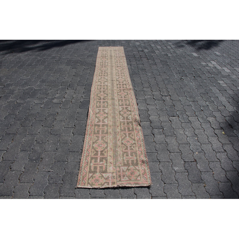 Tapis de couloir vintage en laine rose à patchwork rétro - Idéal pour les couloirs et les cuisines