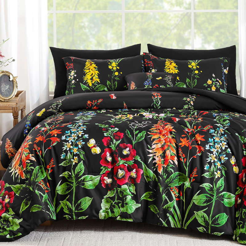 Édredon 8 pièces lit dans un sac à motif de fleurs botaniques avec draps, Édredon grand, Noir