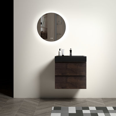 Meuble-lavabo de 24 po en noyer avec lavabo - moderne, grand rangement, tiroirs silencieux, finition sophistiquée, noyer noir, fixation murale, grand espace de rangement, lavabo, tiroir