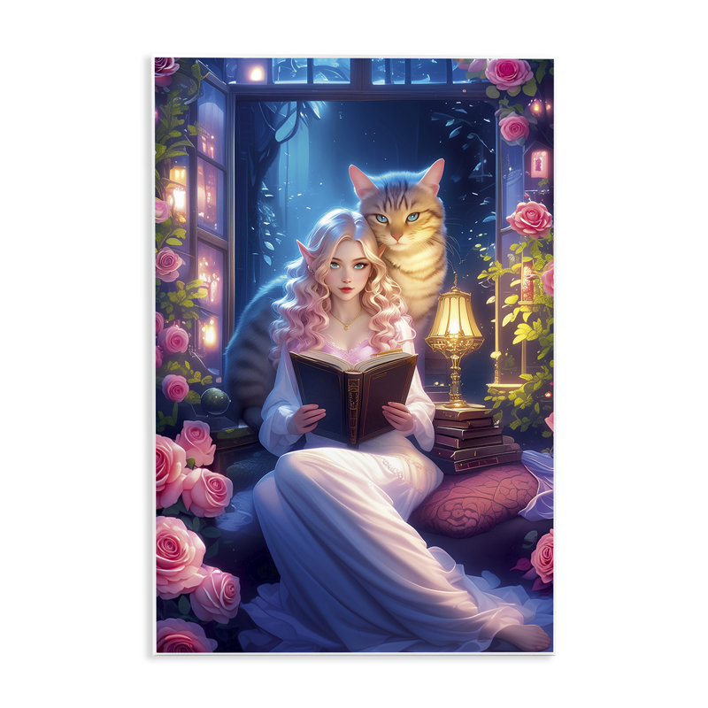 Plaque murale mystérieuse fille et chat, design par Image World, H 15 po x l 10 po