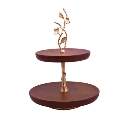 Rustic Acacia Wood 2 Tier Cake Stand with Gold Branch Pedestal for Dessert Display and Christmas Decor