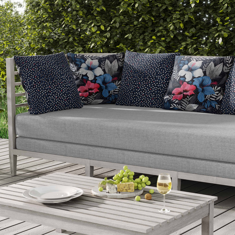 Coussin intérieur / extérieur Floral Dots, Bleu, Carré 16 po
